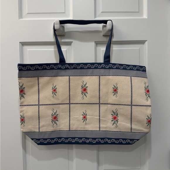 Sezane X Baziszt Flower Print Patterned Tote Bag - Blue and Cream - Picture 3 of 3